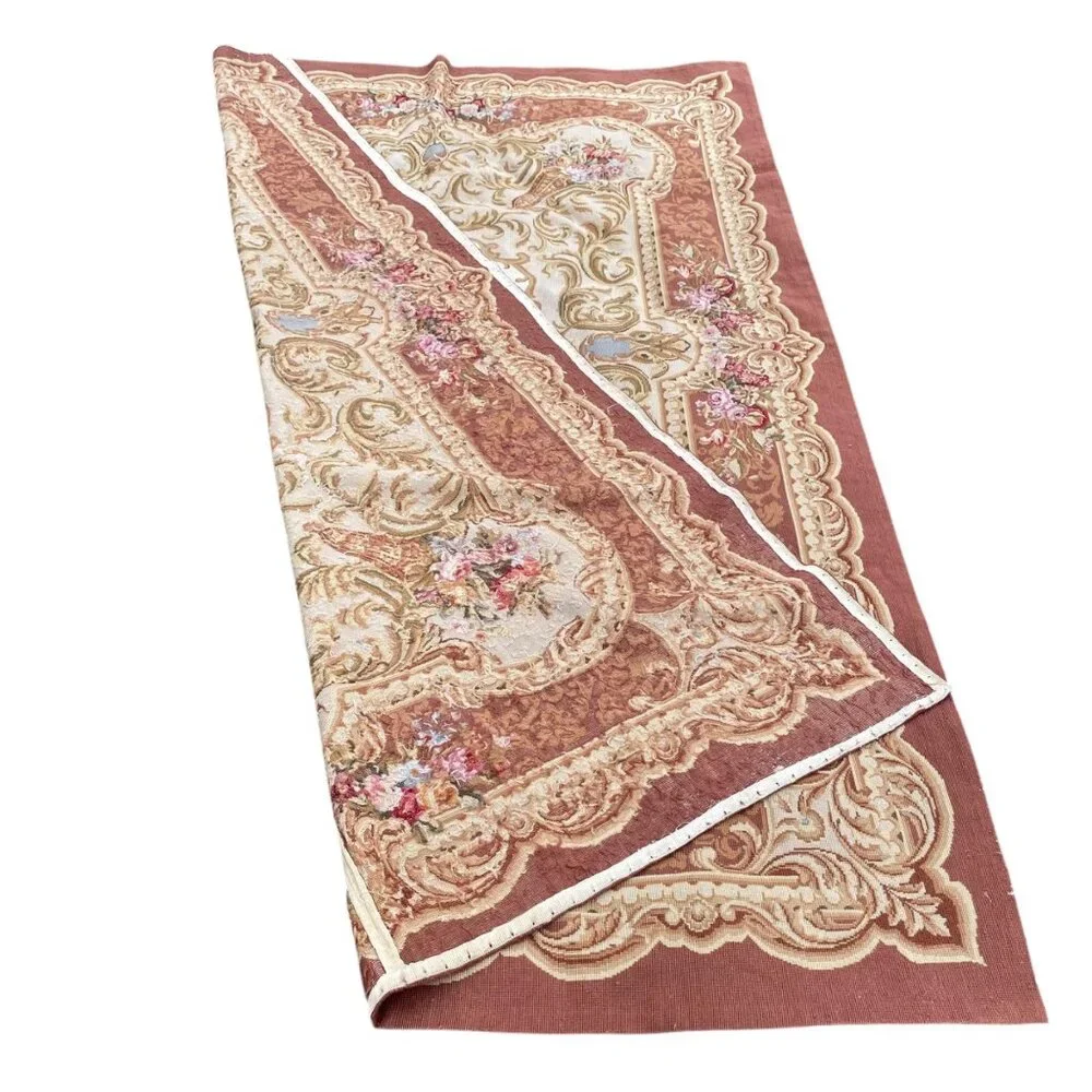 Vtg Aubusson-Style Needlepoint Floral Tapestry Rug Baroque No Backing Pink Brown